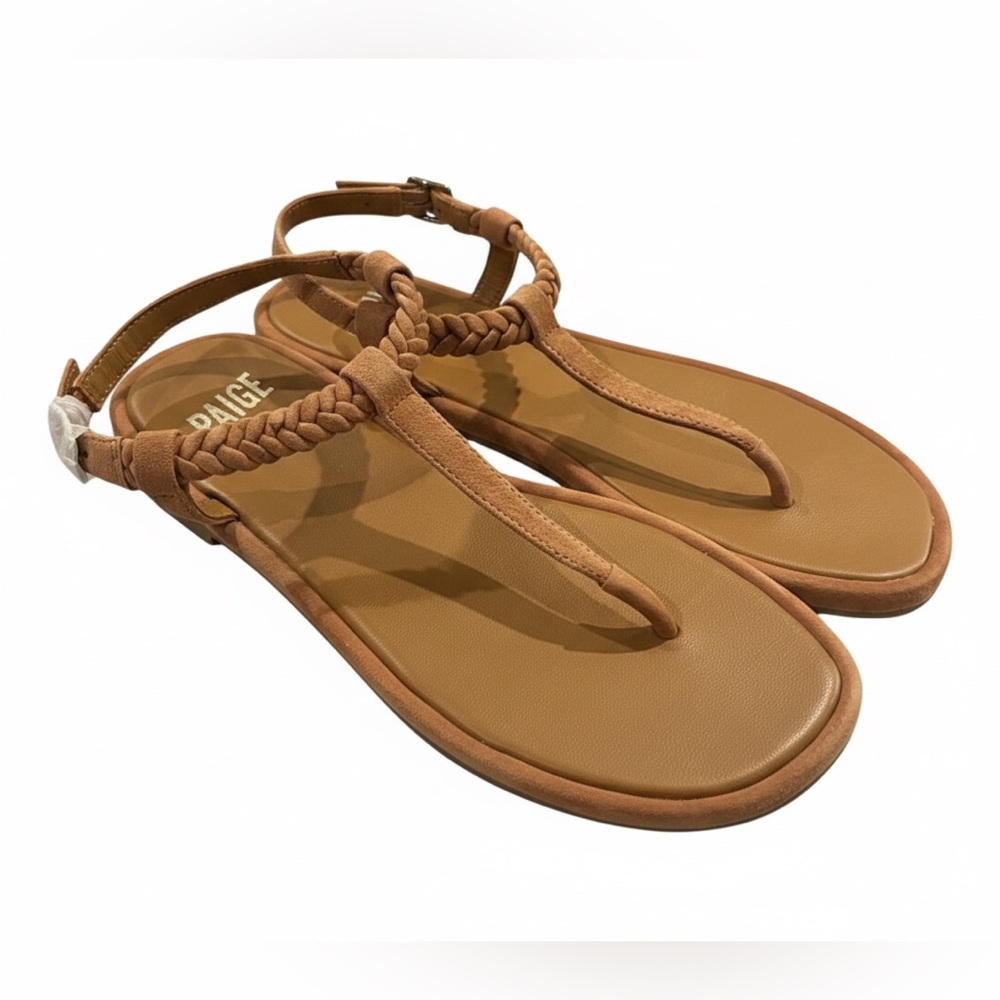 PAIGE Gia Braid Suede Flat Sandals Tan Caramel Brown Size 6.5 NWOT